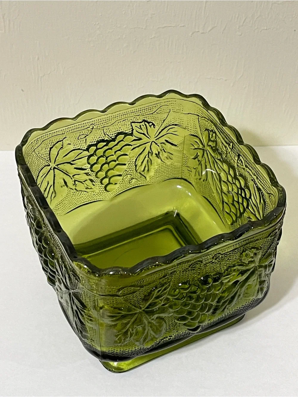 Indiana Glass Pedestal Square Bowl Vase Green Candy Dish Grapes Leaves Scalloped